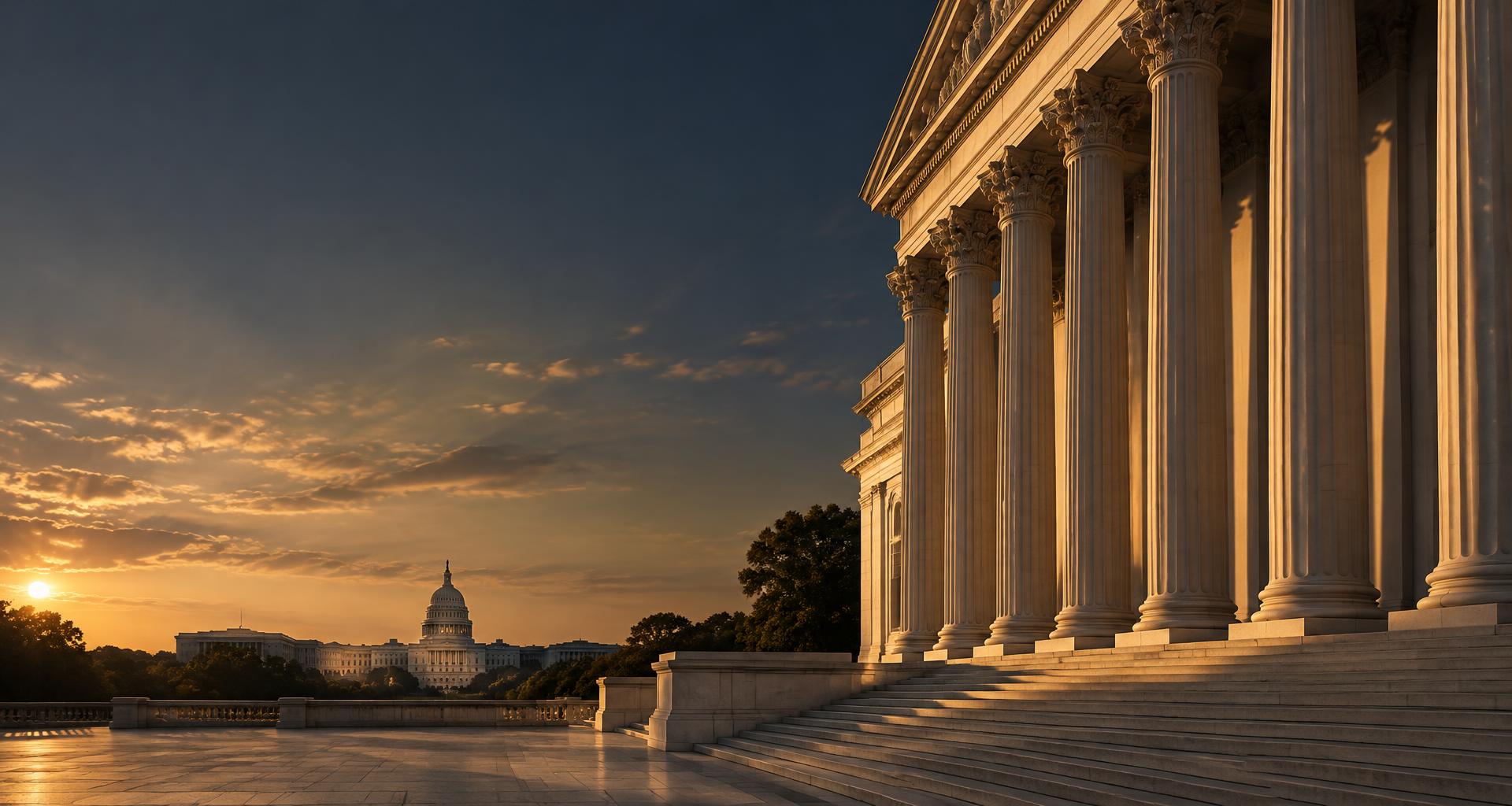 Classical civic architecture overlooking Washington, D.C. in golden evening light